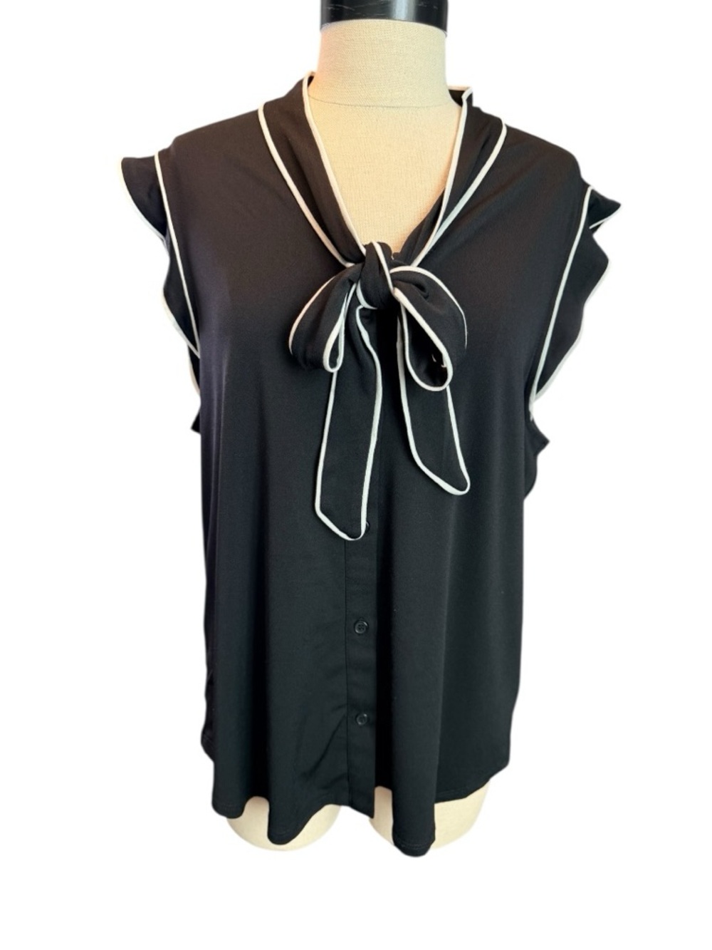 Adrianna Papell Black Blouse Bow Tie Neck Ruffle Sleeve Contrast Trim Size L